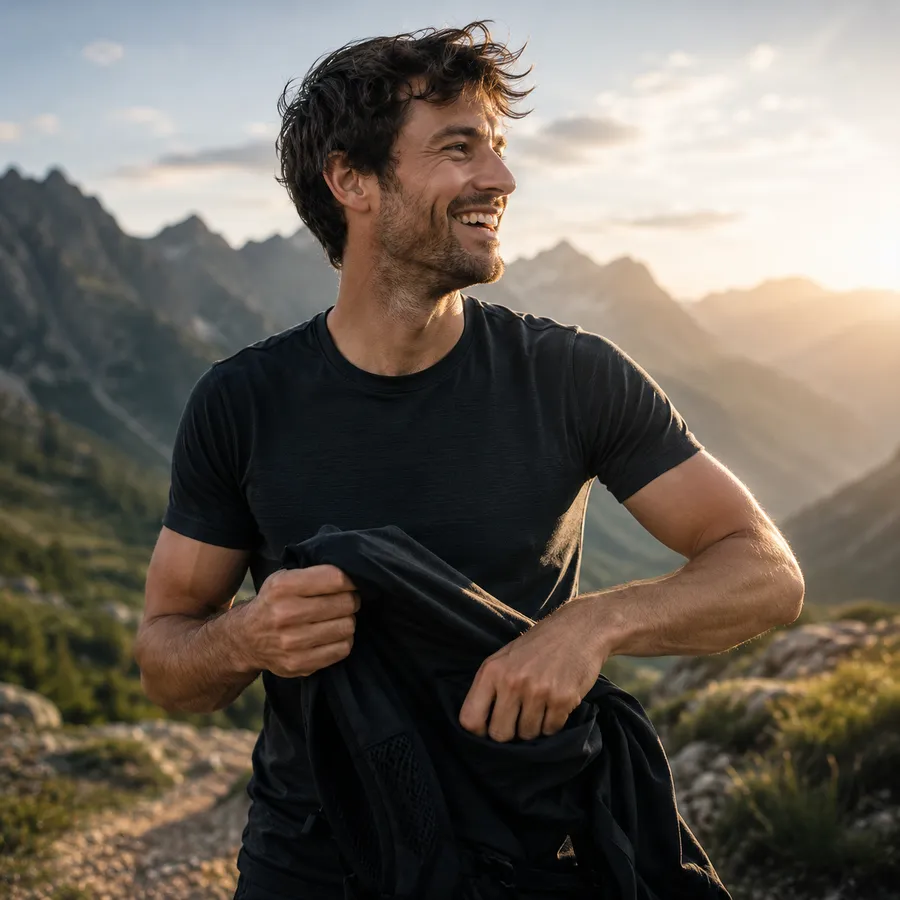Frischer, gepflegter Wanderer im Merino Shirt am Ende des Tages
