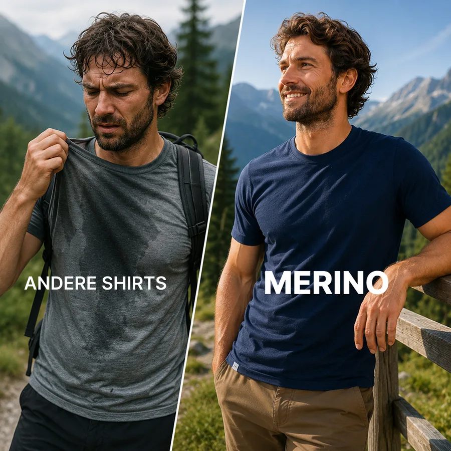 Verschwitztes Baumwollshirt im Vergleich zum trockenen Merino Shirt beim Wandern