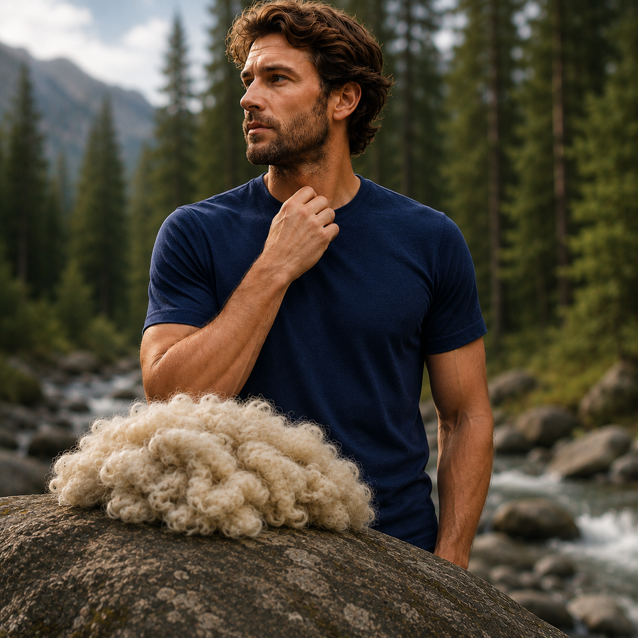 Mann im Merino Shirt neben natürlicher Merinowolle in den Bergen